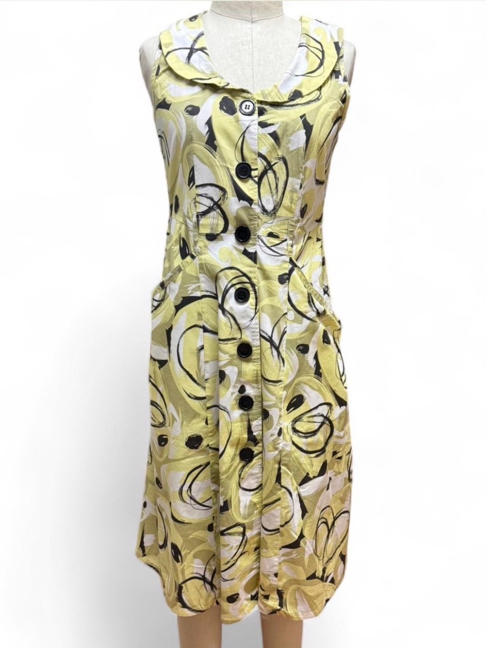 Vintage cotton sleeveless button front dress abstract yellow pattern POCKETS